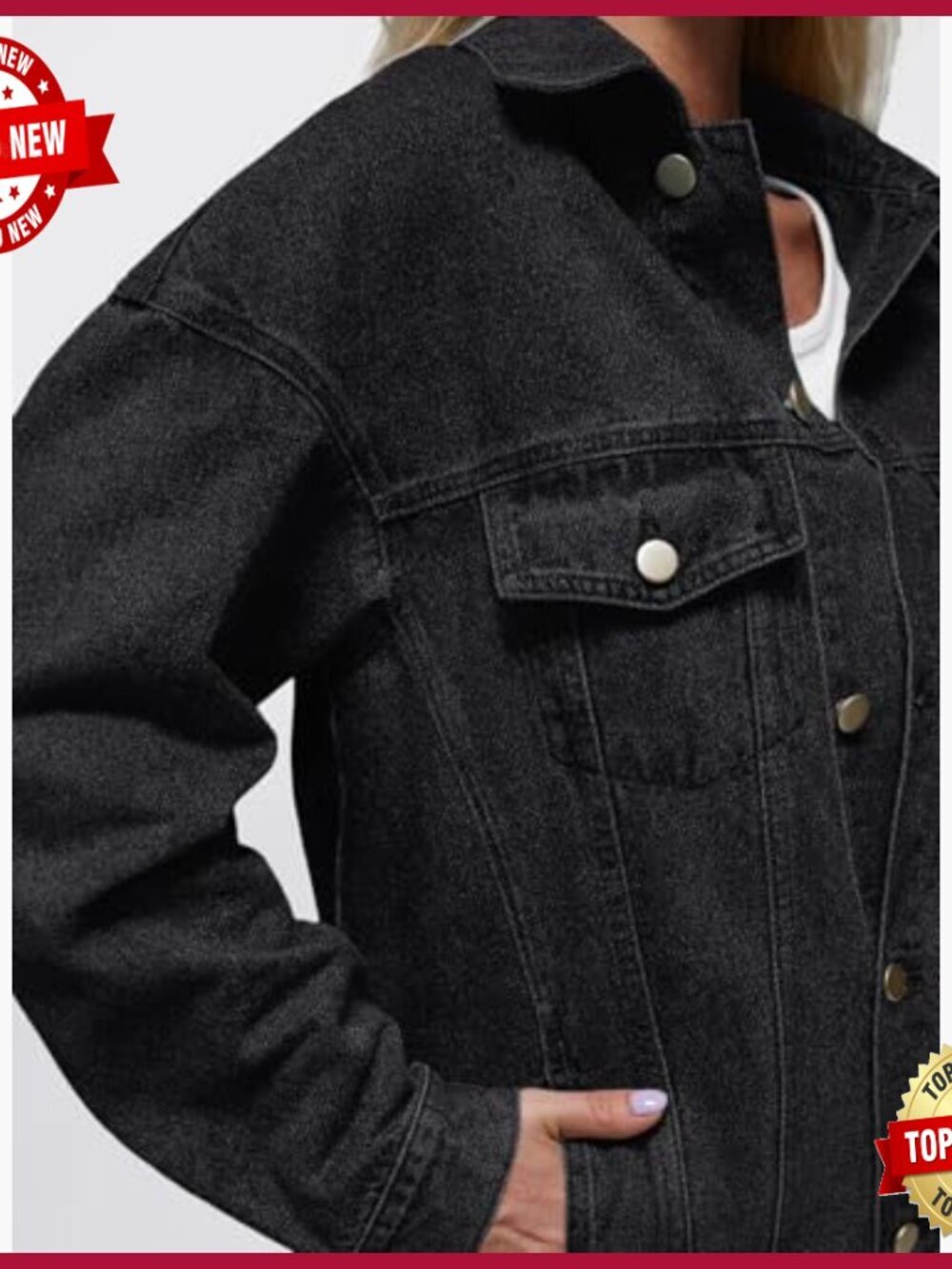 Oversized Denim Jacket, Boyfriend Style with Chest Pockets, Cotton - Picture 5 of 5